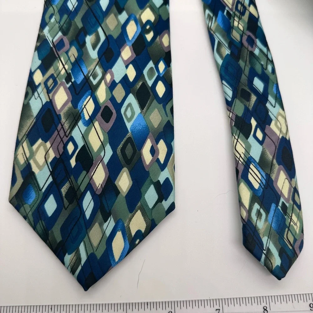 J. Garcia Necktie Geometric Diamond Pattern Blue Green Silk‎ Blend